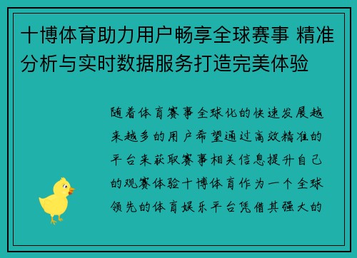 十博体育助力用户畅享全球赛事 精准分析与实时数据服务打造完美体验