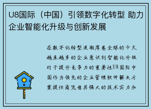 U8国际（中国）引领数字化转型 助力企业智能化升级与创新发展